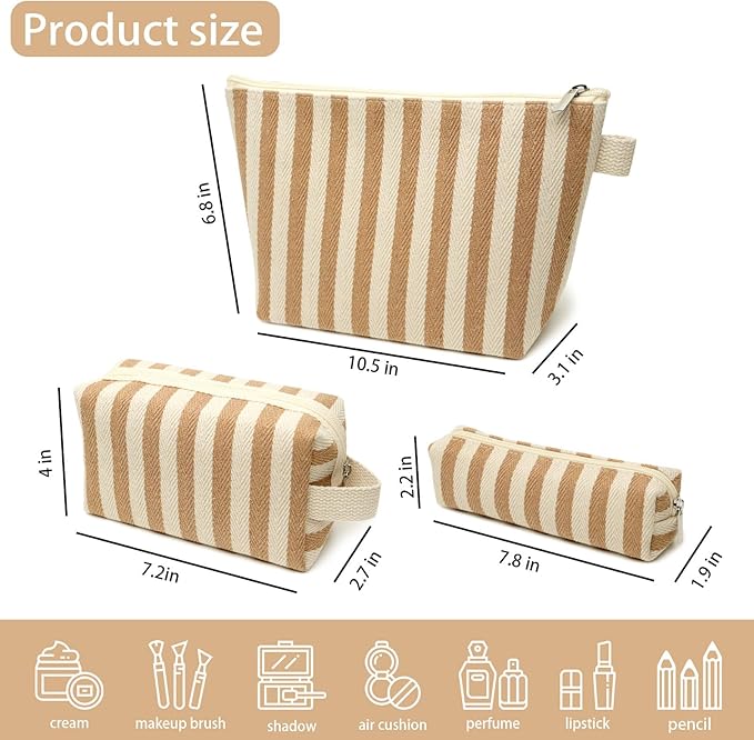3 Pcs Makeup Bag Set Striped Canvas Purse Cosmetic Bag For Women Travel Toiletry Pouch Organizer pencil case (Khaki-White)
