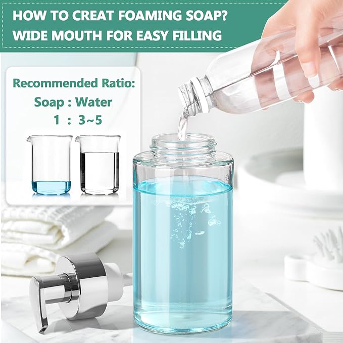 Glass Soap Dispenser, 10 oz/300ml Foaming Soap Dispenser, 2 Pack Foaming Hand Dispenser with 2 Non-Slip Silicone Bottom Sleeve, Clear Refillable Foam Soap Bottle with Silver Pump