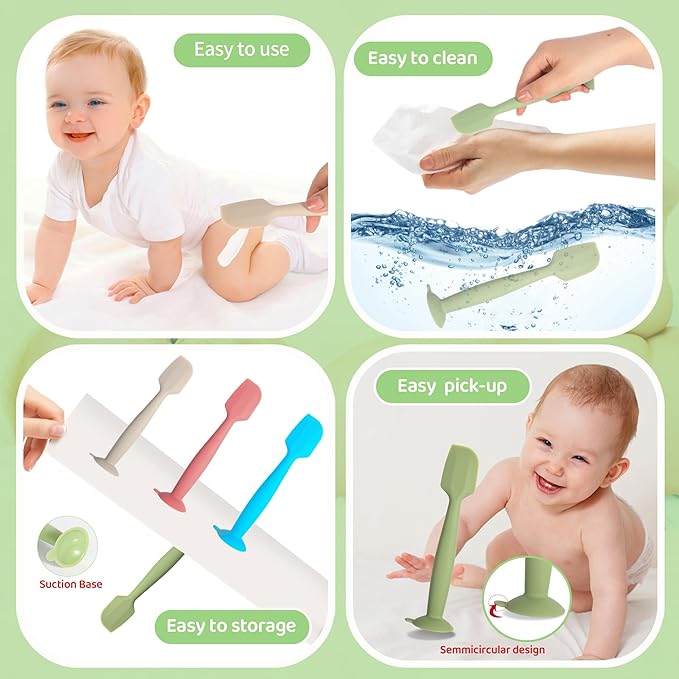 Diaper Spatula 3 Pack Baby Diaper Cream spatula Soft Silicone Baby Butt Paste Spatulas Brush Diaper Paste spatulas,Diaper Cream Applicator With Suction Base Full Size (Gray+Red+Green)