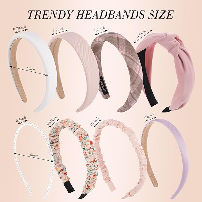obeoby 8 Pack Pink Trendy Headbands, Multiple Styles Headbands for Hairstyle Management Non Slip Floral Pearl Hairband Gifts for Teen Girls