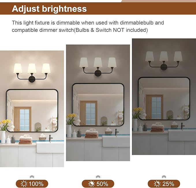 Bathroom Vanity Light, Matte Black Bathroom Light Fixtures, 3-Light Lighting Fixtures Over Mirror, Modern Wall Sconce with Flared White Fabric Shade, E26 Socket(ETL Listed)