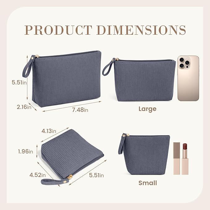 MAGEFY 2Pcs Makeup Bag Set, Cute Makeup Pouch for Purse Corduroy Travel Cosmetic Pouch for Women with Slip-in Pockets for Purse Essentials Accessories(Grey,Mini+Small)