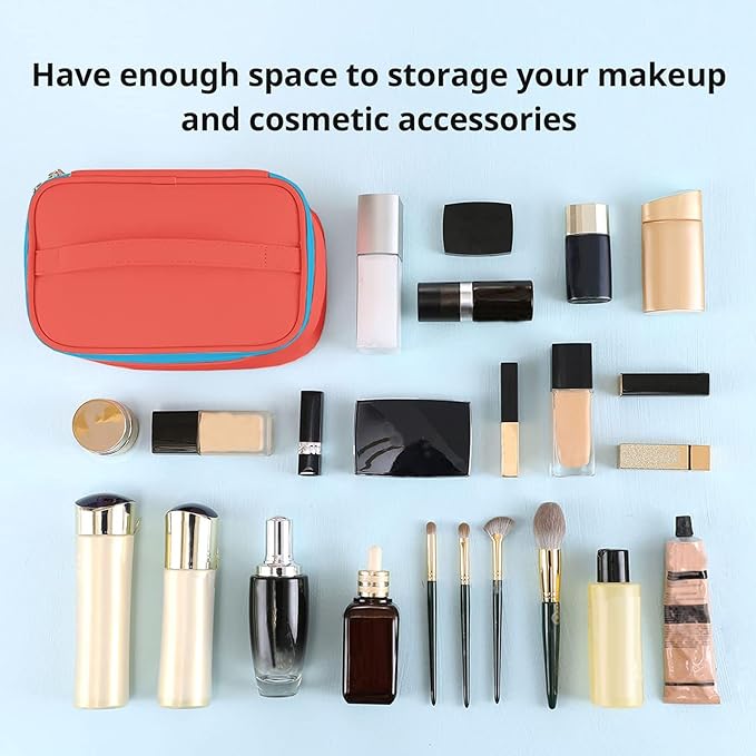 Meiyuuo Makeup Bag Large Cosmetic Bags for Women Girls Cute Travel Zipper Pouch Toiletry Organizer for Beauty Essentials Waterproof (Bright Red)