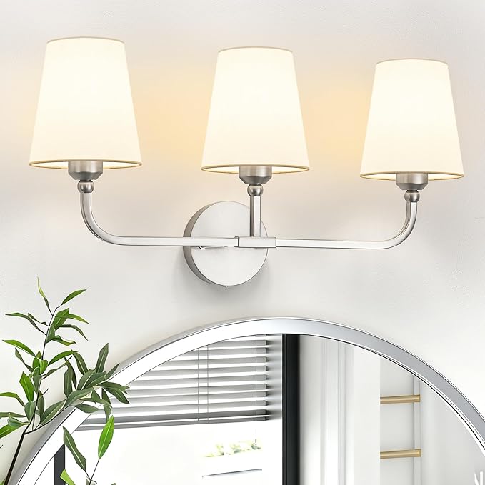 Bathroom Vanity Light, Brushed Nickel Bathroom Light Fixtures, 3-Light Lighting Fixtures Over Mirror, Modern Wall Sconce with Flared White Fabric Shade, E26 Socket(ETL Listed)