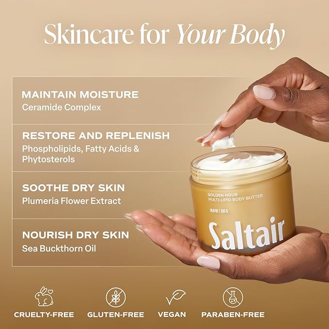 Saltair Multi-Lipid Body Butter – Hydrating 24-Hour Moisture – Body Cream for Soft Skin & Barrier Support – Ceramides, Coconut Oil & Shea Butter for Dry Skin Care – Golden Hour, 10oz