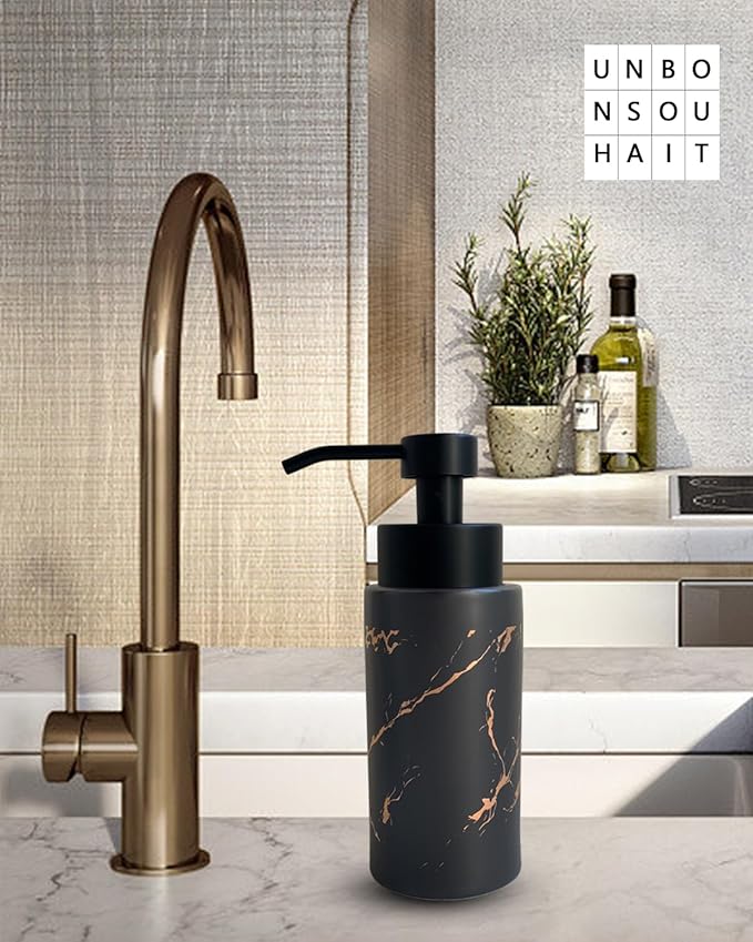 9.5 Oz Foaming Soap Dispenser for Bathroom,Kitchen Foam Soap Dispenser,Refillable Modern Foam Pump Bottle,Black Ceramic Foaming Hand Pump Dispenser (Black Marble)