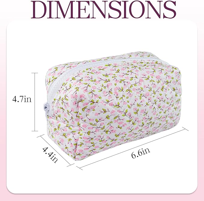 Quilted Makeup Bag Floral Cotton Make up Bag Puffy Coquette Makeup pouch Aesthetic Cute Travel Toiletry Bag for Women Girls