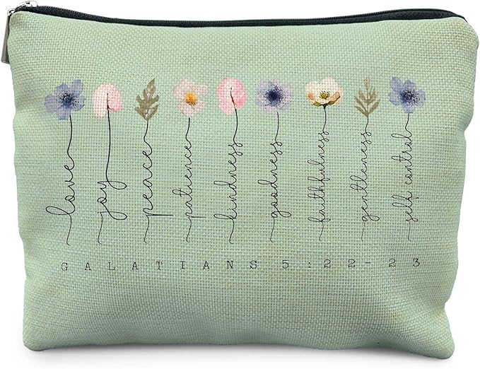 Christian Gifts Makeup Bag, Floral Christian Cosmetic Bags for Women, Galatians 5:22-23 Bible Verse Makeup Pouch, Faith Based Gifts Zipper Pouch(green)