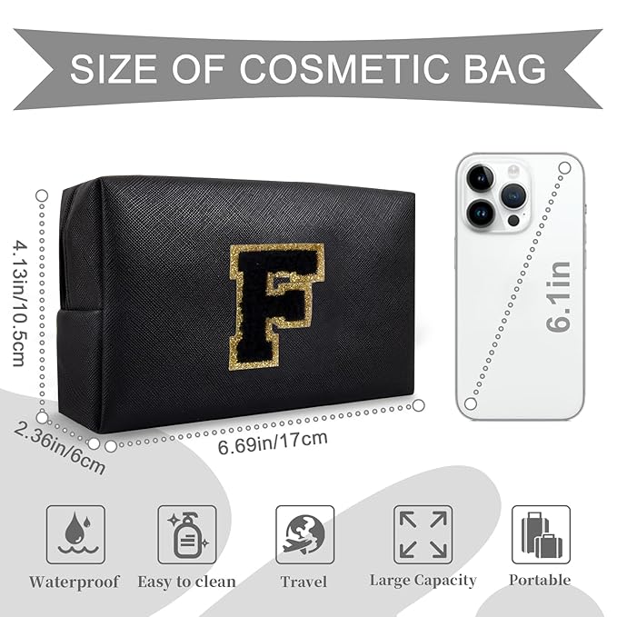 Personalized Initial A-Z Preppy Patch Makeup Bag,Small PU Chenille Letter Cosmetic Bag with Zipper for Teen Girls,Black Cute Toiletry Organizer Bag,Monogram Makeup Case Gift for Women Girls,Letter F