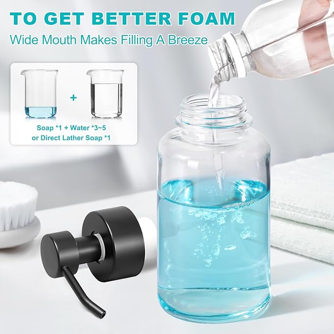 Foaming Hand Soap Dispenser, 14.1 oz/400ml Foaming Soap Dispenser, 2 Pack Glass Foaming Dispenser for Bathroom & Kitchen, Clear Refillable Liquid Dispenser Bottle with Waterproof Labels