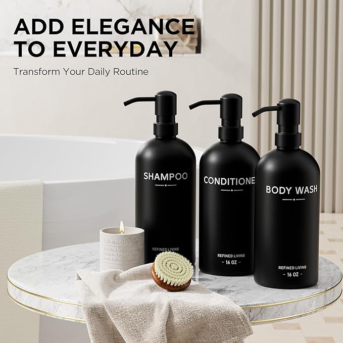 Shampoo and Conditioner Dispenser Set,3 Refillable 16oz Bottles with Stainless Steel Pumps – Shower Soap Dispensers for Bathroom, Hotel or Airbnb (Black, 3-Pack)
