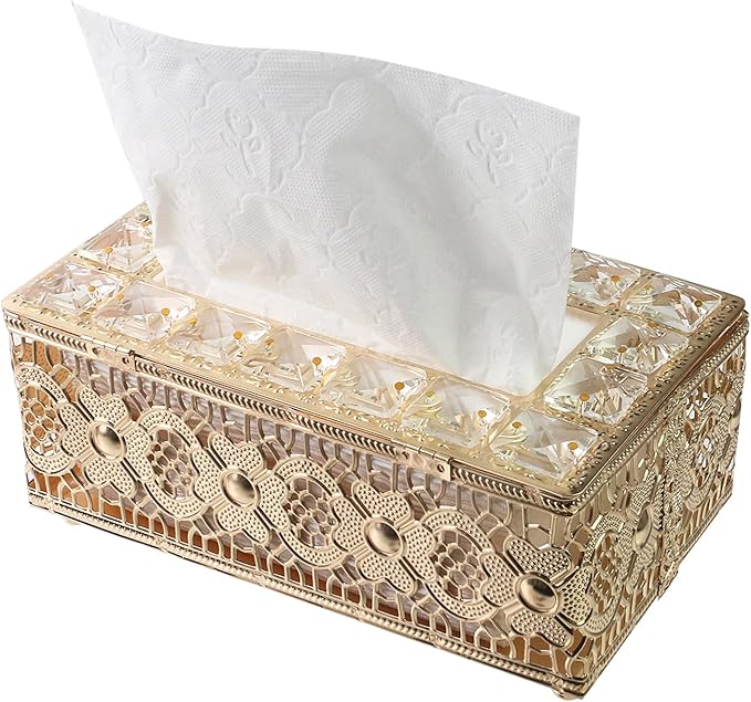 Geesatis Tissue Box Cover, Rectangle Tissue Box Holder, Rectangular Napkin Facial Tissues Holder for Bathroom Toilet Bedroom Living Room Table Desk Office Dresser, 1 Pcs Golden 7.8''x4.5''x3.4''