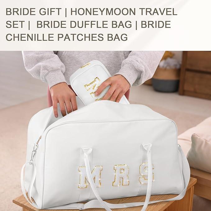 2 Pcs Wedding Weekender Bag Bride Groom Duffle Bag Chenille Letter Patch Travel for Bridal Shower Honeymoon Gift(Mrs,White)