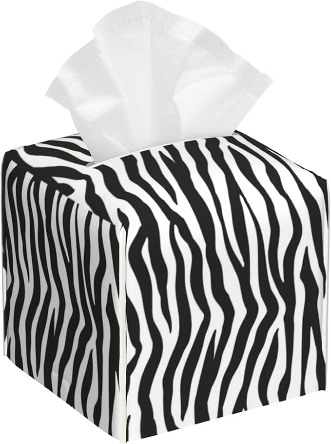 Zebra Stripes Tissue Box Cover Square,Black and White Stripe Tissue Box Holder Waterproof Leather Facial Paper Organizer Dispenser for Bathroom Home Car Nightstand Vanity Desk