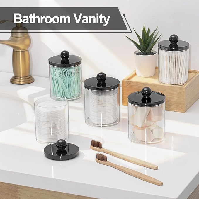 SheeChung 2 Pack Acrylic Qtip Holder Dispenser,Bathroom Jars with Lids Set for Cotton Swabs,Balls,Pads,Floss,Clear Plastic Canisters Apothecary Jars,Bathroom Essentials Makeup Vanity Organizer(10oz)