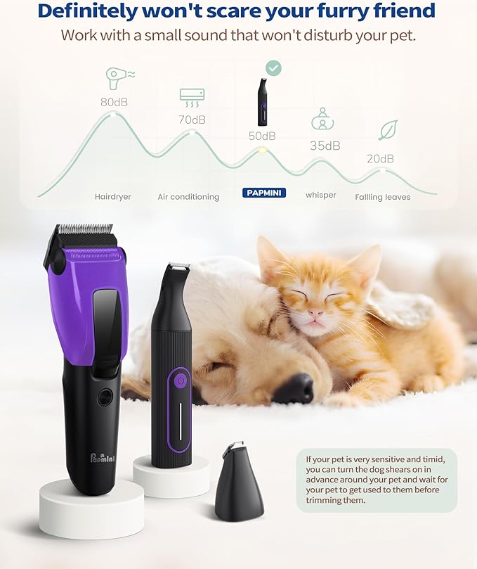 Dog & Cat Grooming Kit for Thick Coats, Heavy Duty Rechargeable Trimmer with LED Display & Storage Bag (Purple, 2 in 1)