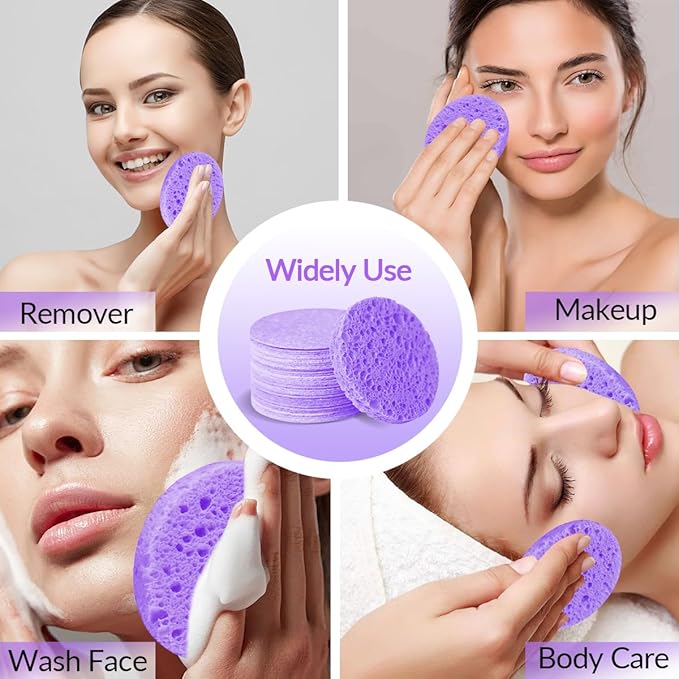 50-Count Facial Sponges Compressed Natural Cellulose Sponge Round Shape Face Sponge for Face Cleansing Exfoliating and Makeup Removal, Purple