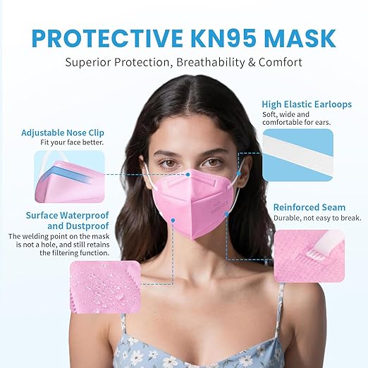 akgk KN95 Face Mask 50 PCS, Breathable Protection Masks, 5-Ply KN95 Hot Pink Masks, Cup Dust Safety Masks