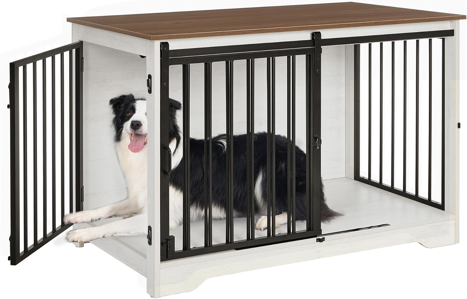 39.4" Heavy Duty Dog Crate Furniture with Barn Door, Wood Indoor Dog Crate Kennel for Small/Medium/Large Dogs, End Side Table, TV Stand, Anti-Chew Anti-Escape, White Brown DFC02314B