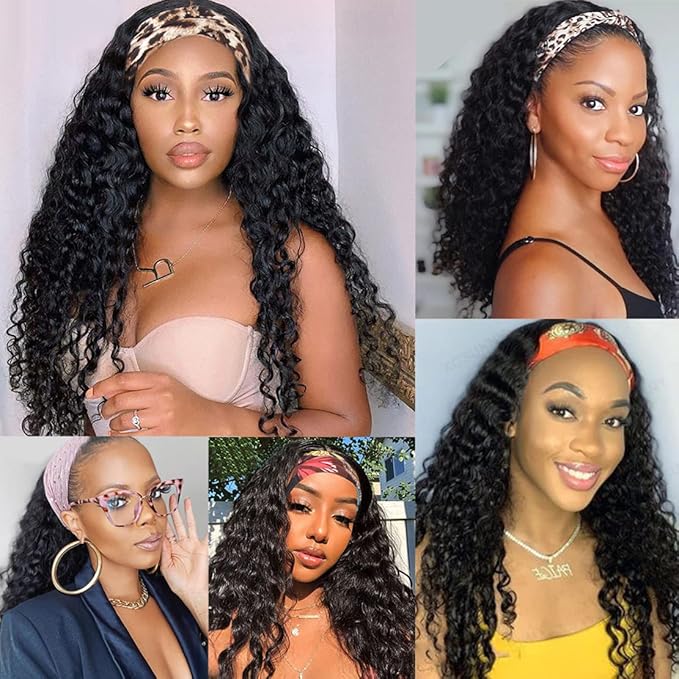 Aiterina Headband Wig for Black Woman 20 inch Brazilian Human Hair Wigs Deep Curly Wave Headband Wig Natural Color