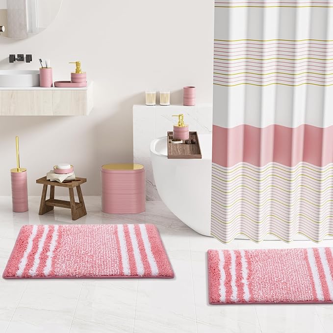 Bathroom Set - Bathroom Sets with Shower Curtain and Rugs, 25PC Bathroom Accessory Set, Pink Bathroom Accessories Set with Trash Can, Soap Dispensers