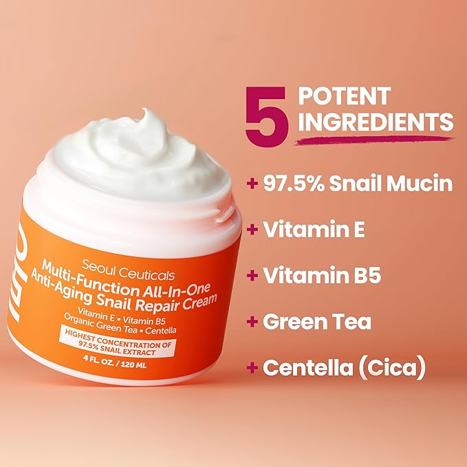 SeoulCeuticals Large 4oz 97.5% Snail Mucin Moisturizer Cream Korean Skin Care Day & Night Snail Repair for Face - K Beauty Anti Aging Facial Skincare (Pack of 2)