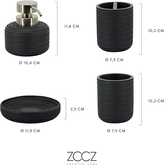 ZCCZ Black Bathroom Accessories Set 4 Pcs - Toothbrush Holder, Soap Dispenser, Vanity Tray, Tumbler - Countertop Organizer for Bathroom - Modern Accessory Set for Home Decor and Storage