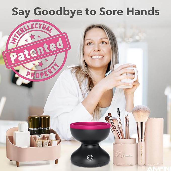 Alyfini Makeup Brush Cleaner Machine + Cleanser Solution Combo, Powerful for Tough Residue on Make Up Brushes/Sponges/Puffs