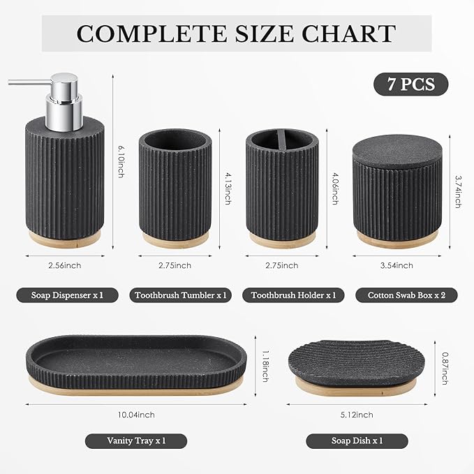 7PCS Bathroom Accessories Set, with Soap Dispenser, Q-tip Holder, Toothbrush Holder, Tumbler, Soap Dish, Vanity Tray, Bathroom Set Complete Organizer Countertop for Modern Decor, Black