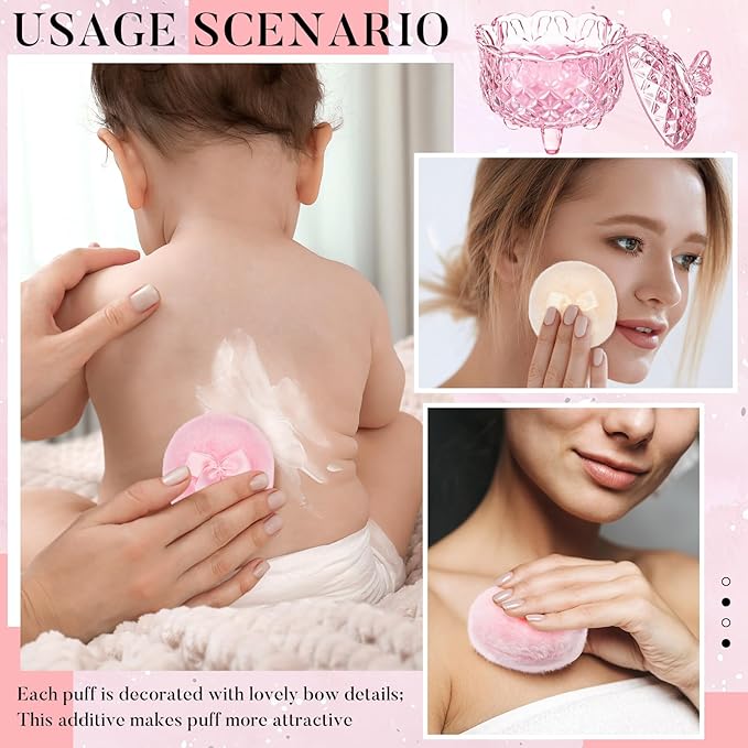 Tioncy 3 Pcs Large Body Powder Puff and Container Valentine's Day gift Powder Container with Puff Crystal Case Soft Washable Reusable Velour Face Body Glitter Wet Dry Makeup(Butterfly,Pink)