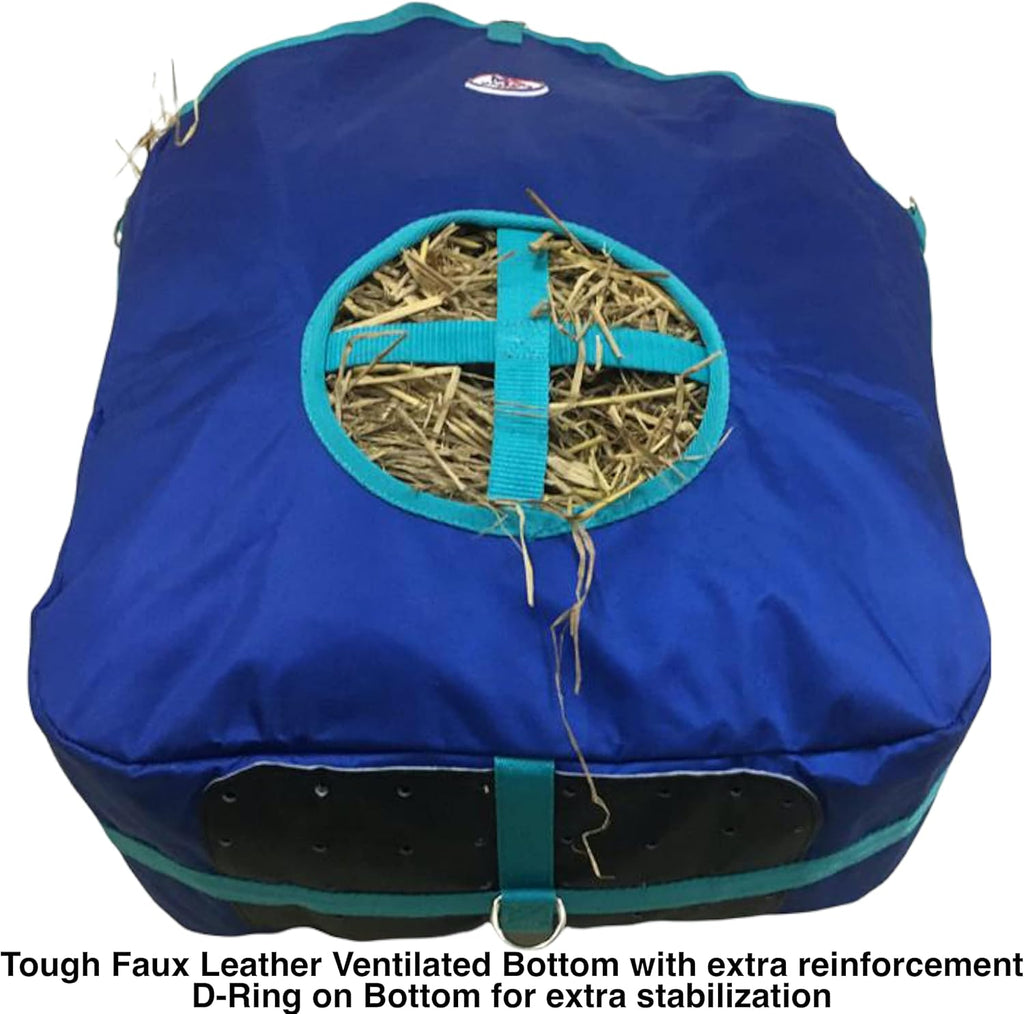 Majestic Ally Nylon Hay Feeder Tote Bag for Horse, Goat, Sheep - Double Sides Open Feed Hole with Faux Leather Ventilated Bottom- Premium Quality -Simulates Grazing - Reduces Waste (Royal Blue)