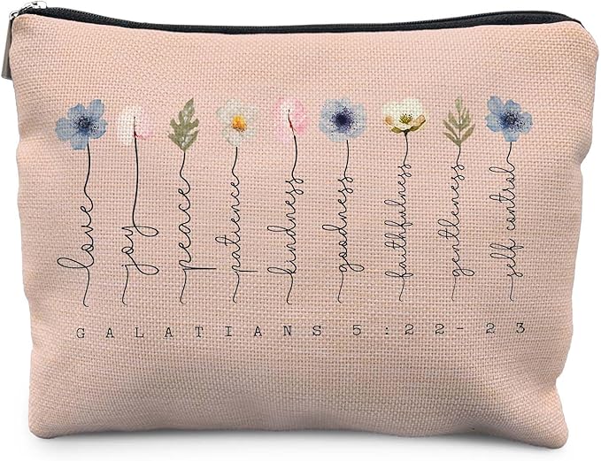 Christian Gifts Makeup Bag, Floral Christian Cosmetic Bags for Women, Galatians 5:22-23 Bible Verse Makeup Pouch, Faith Based Gifts Zipper Pouch(light pink)