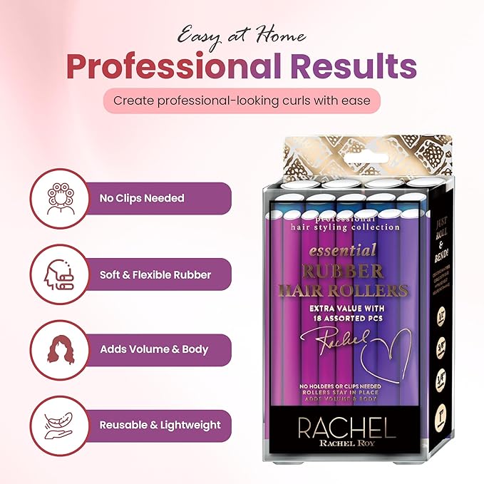 Rachel Roy Flexi Rods Foam Hair Rollers -1/2" 5/8" 3/4" 1" Diameter- Professional Salon Quality 18 Pcs Rubber Hair Rollers for Long, Medium, and Short Hair, Hair Curlers to Sleep in for Women