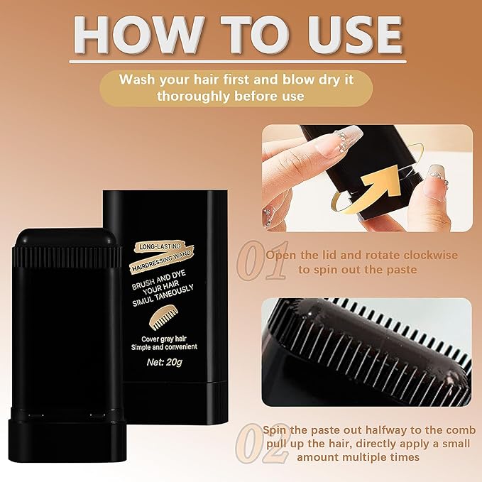 2-in-1 Instant Hair Color Stick & Comb, 2 Pcs Portable Color Touch-Up Hair Sticks with Comb, Waterproof and Sweat-Proof Hair Dye Comb, Quick Root Touch-Up for Gray Hair Coverage (Black)