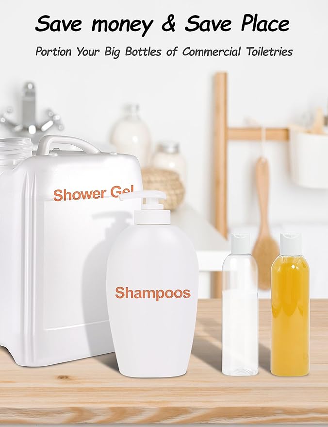 2 Pack 8 oz Clear Plastic Bottles with White Disc Caps Refillable Empty Squeeze Containers Cosmetic Bottles for Toiletries Conditioner Shampoo Lotions Gels