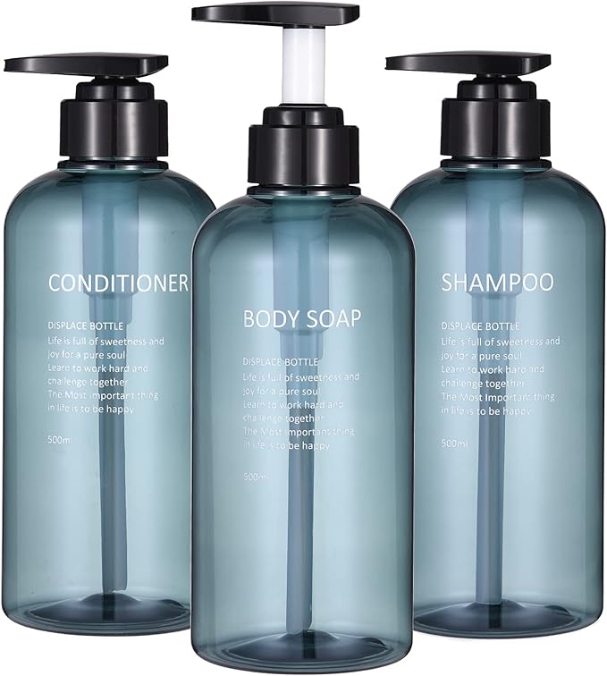Shampoo and Conditioner Dispenser Bottles-3pcs 16.9oz Plastic Empty Refillable Pump Lotion Bottle Containers Set for Guest Bathroom Shower Body Wash, Reusable Cosmetic Labeled Bottles, Blue