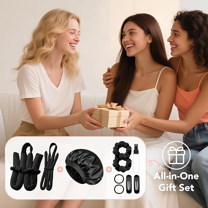 LitBear Heatless Curls Overnight, 2 Sizes of Soft Hair Rollers for Women with Bonnet to Sleep In, No Heat Hair Curlers Set with Scrunchies and Clips, for Long and Medium Hair (Black)