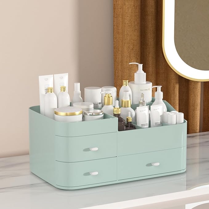 MIUOPUR Makeup Organizer for Vanity, Large Capacity Desk Organizer with Drawers for Cosmetics, Lipsticks, Jewelry, Nail Care, Skincare, Ideal for Bedroom and Bathroom Countertops - Large Green