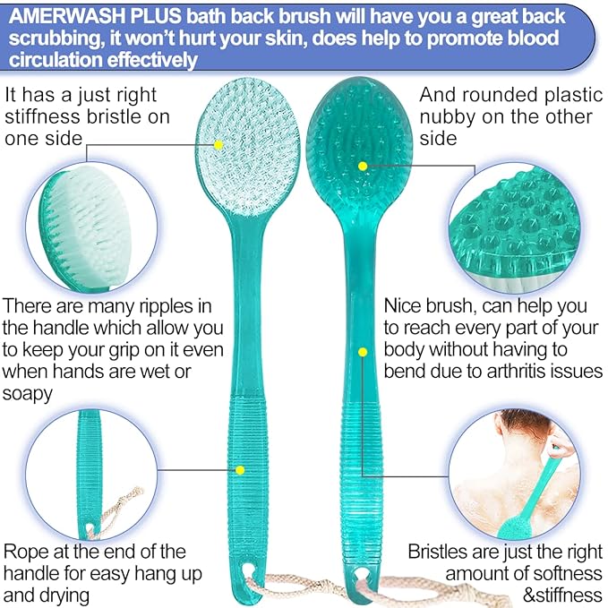 Back Brush for Shower, 14-inch Long Handle Medium Stiff Bristles Bath Scrubber for Men Women Body Exfoliating and Brushing - 2 Packs Blue