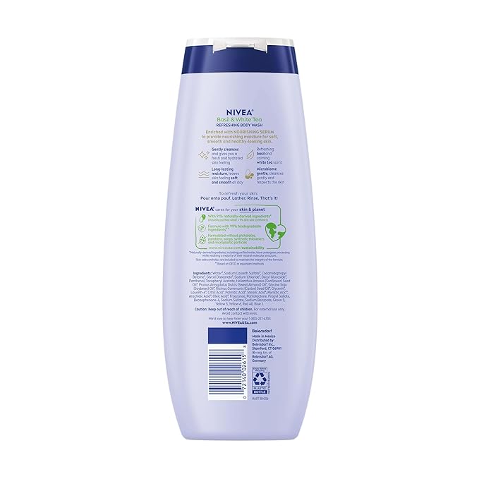 NIVEA Refreshing Basil and White Tea Body Wash with Nourishing Serum, Scented Body Wash for Women, Enriched with Provitamin B5 and Vitamin E, 20 Fl Oz Bottle