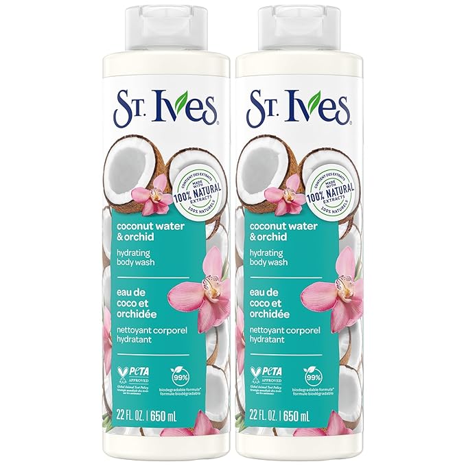 St. Ives Body Wash, Coconut Water & Orchid Hydrating Shower Gel 2-Pack, 100% Natural Extracts, Cruelty-Free, 22 Oz Ea
