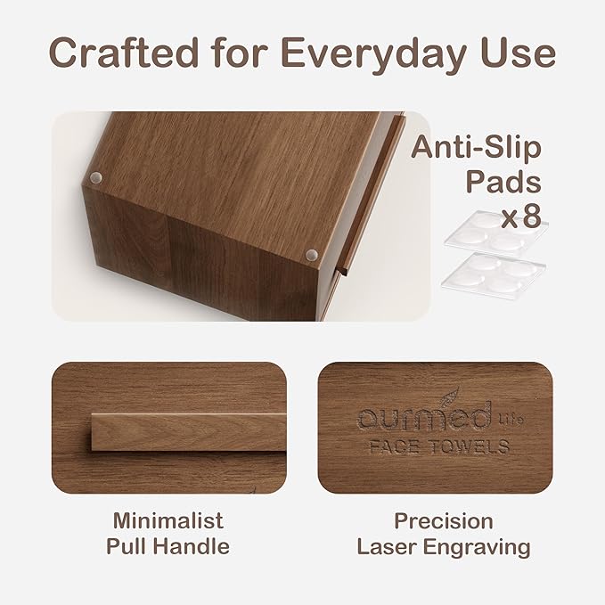 Ourmed Life Walnut Wooden Face Towel Holder Box, Moisture-Resistant Storage Organizer for Bathroom, Includes 50 Ct Disposable Facial Towelettes, 12''x10'' Biodegradable Clean Cloths for Sensitive Skin