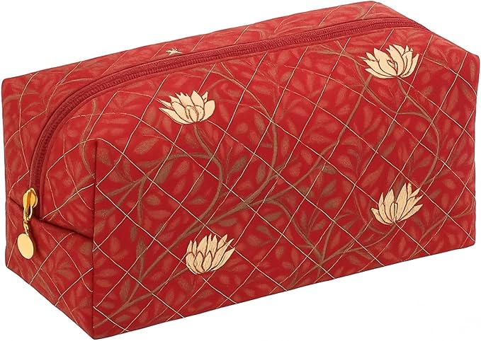 Floral Quilted Cotton Makeup Bag for Women, Large Capacity Travel Cosmetic Pouch with Zipper, Cute Toiletry & Brush Organizer, Kawaii Makeup Storage Case – Garden Red