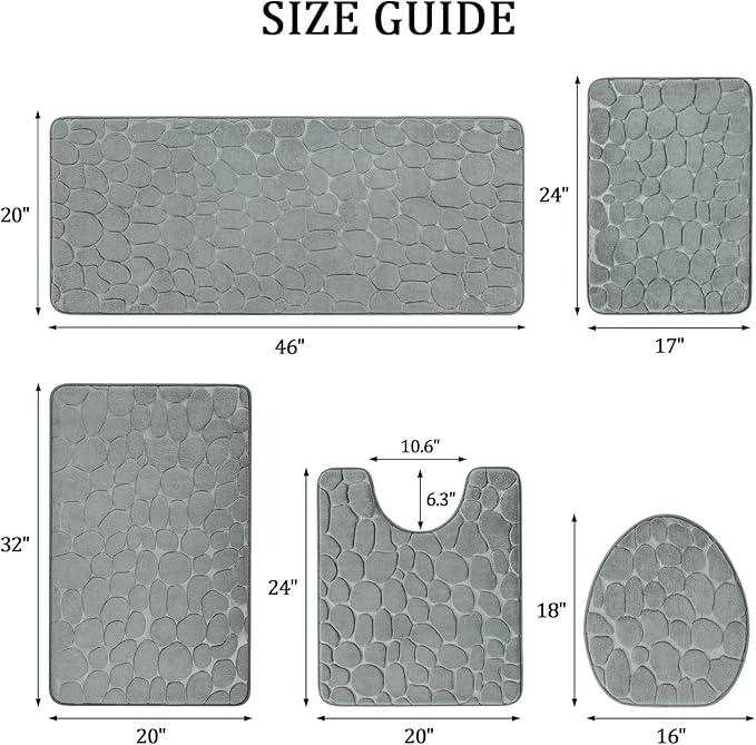 YIHOUSE Bathroom Rugs Mat Set 5 Piece Light Grey, Memory Foam Bath Mats Sets, Non Slip Water Absorbent Washable Bath Rugs for Sink, Toilet and Floor
