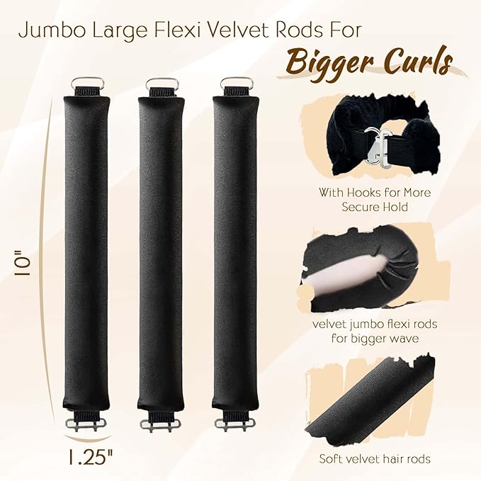 Heatless Hair Curlers, Satin Foam Rollers, Overnight Curling Rods for Long Hair, 5 Count (Black)