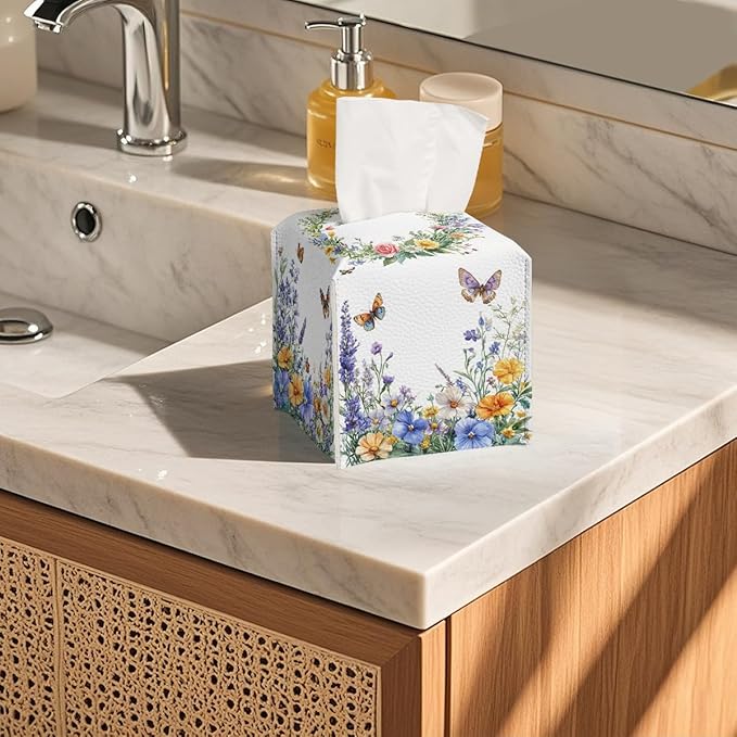 Wildflower Tissue Box Cover Colorful Spring Butterfly Garden Leather Tissue Box Holder Square Facial Paper Organizer Dispenser for Bathroom Kitchen Bedroom Vanity Countertop Night Stands