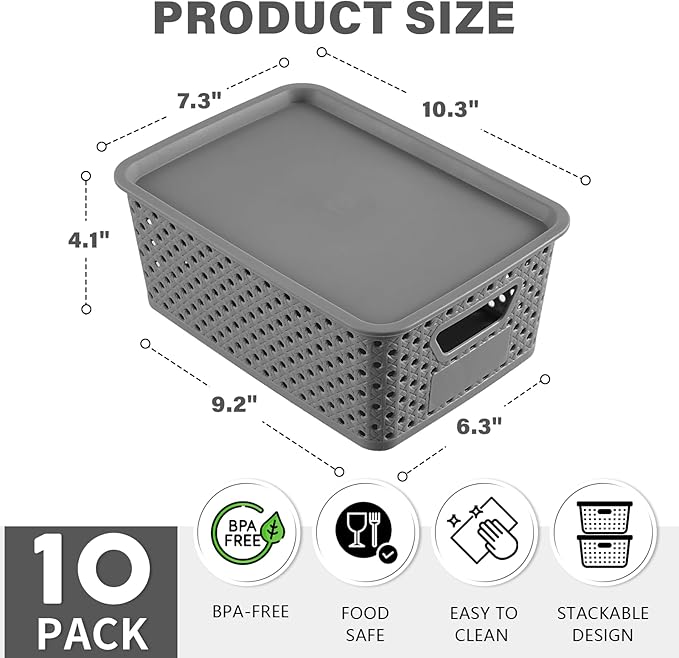 10 Pack Plastic Storage Bins with Lids, Stackable Plastic Storage Baskets for Organizing with Handles, Organizer Bins with Labels for Room, Craft, Containers for Pantry Organizers and Storage, Grey