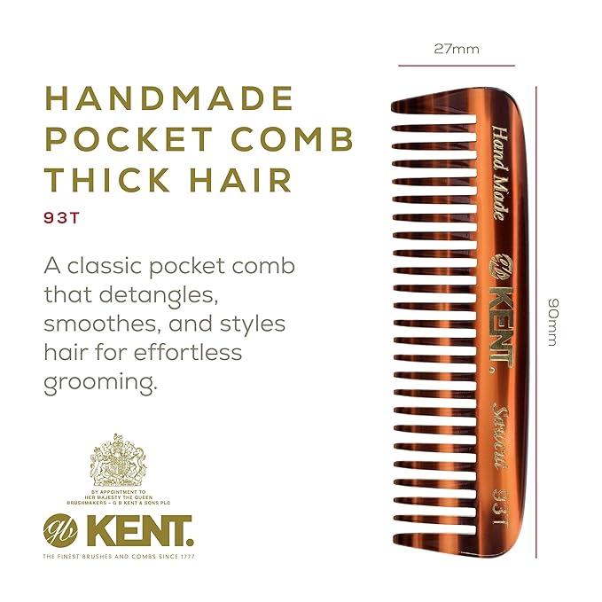 Kent 93T Tortoiseshell Beard Comb for Men - Wide Tooth Men's Comb, Ideal For Mustaches and Beards and Facial Hair, Small Pocket Sized Travel Detangler Combs, Saw-Cut, Hand Polished, Made in England