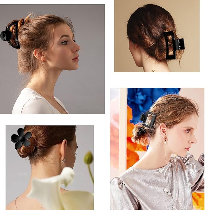 6 Pack Matte Non-Slip Hair Accessories - Claw Clips in Black for Thin and Thick Hair, Ranging from 1.85-4.5 Inches, Featuring Flower, Banana, and Butterfly Designs for Women and Girls
