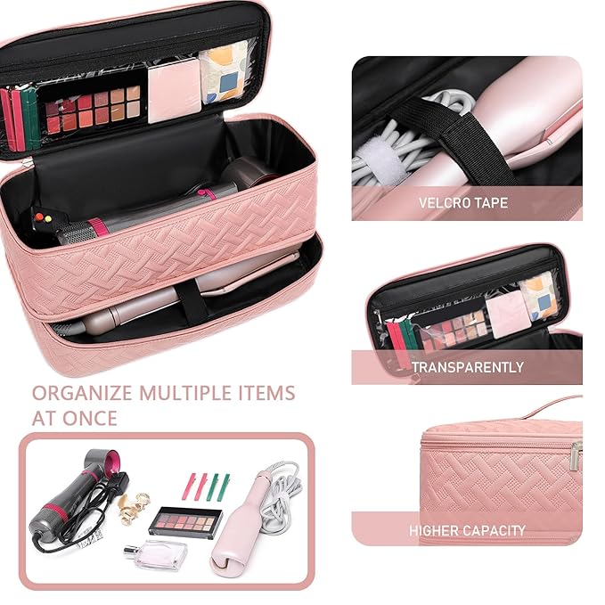 Double-Layer Travel Carrying Case for Revlon One-Step Hair Dryer Brush/Volumizer Styler Shark FlexStyle Attachment Portable Storage Organizer Bag Hair Tools Travel Bag (Pink)